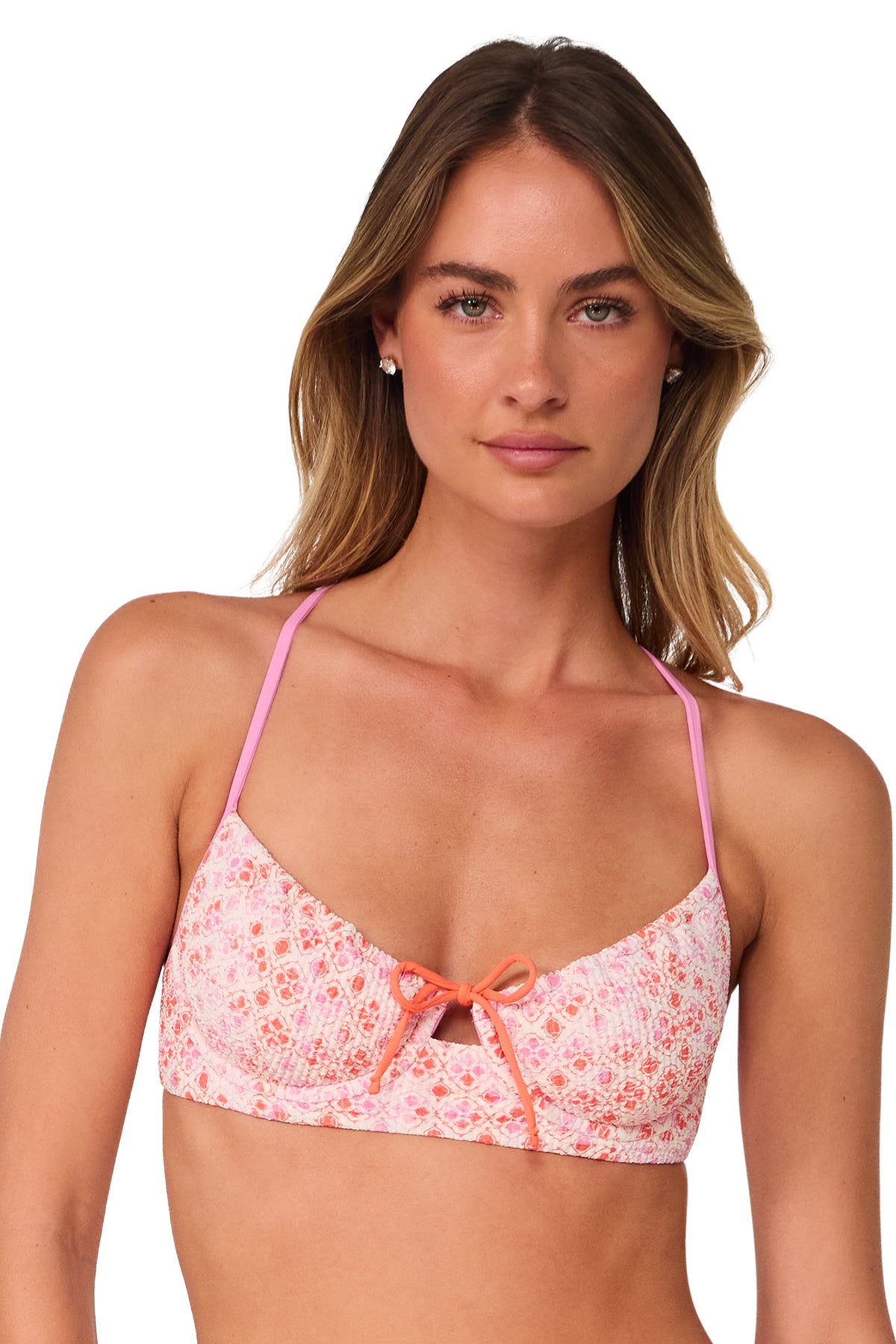 Front pose #1 of Jessica wearing Swim Systems Coral Kiss Scrunch Maggie Underwire Top