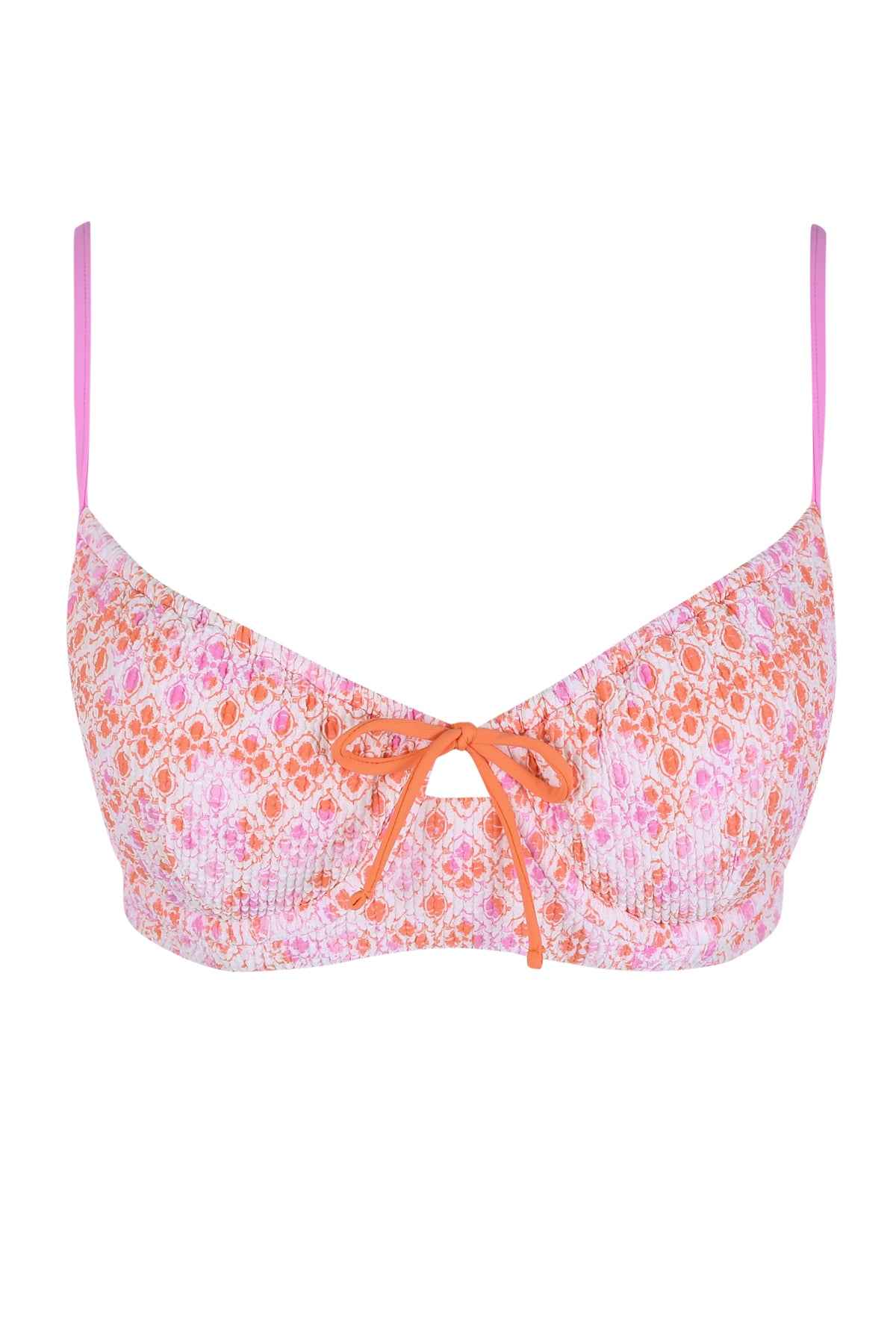 Front pose #1 of a floating garment shot featuring Swim Systems Coral Kiss Scrunch Maggie Underwire Top