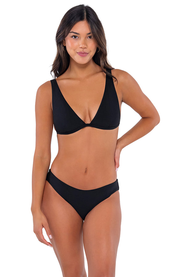 Front Front pose #1 of Chonzie wearing Swim Systems Black Charlotte Top with matching Chloe bikini bottom