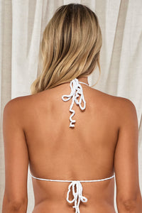 Back pose #1 of Jessica wearing Swim Systems White Crochet Carina Top