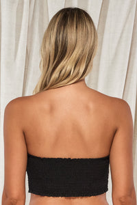 Back pose #1 of Jessica wearing Swim Systems Black Kali Tube Top showing removable straps