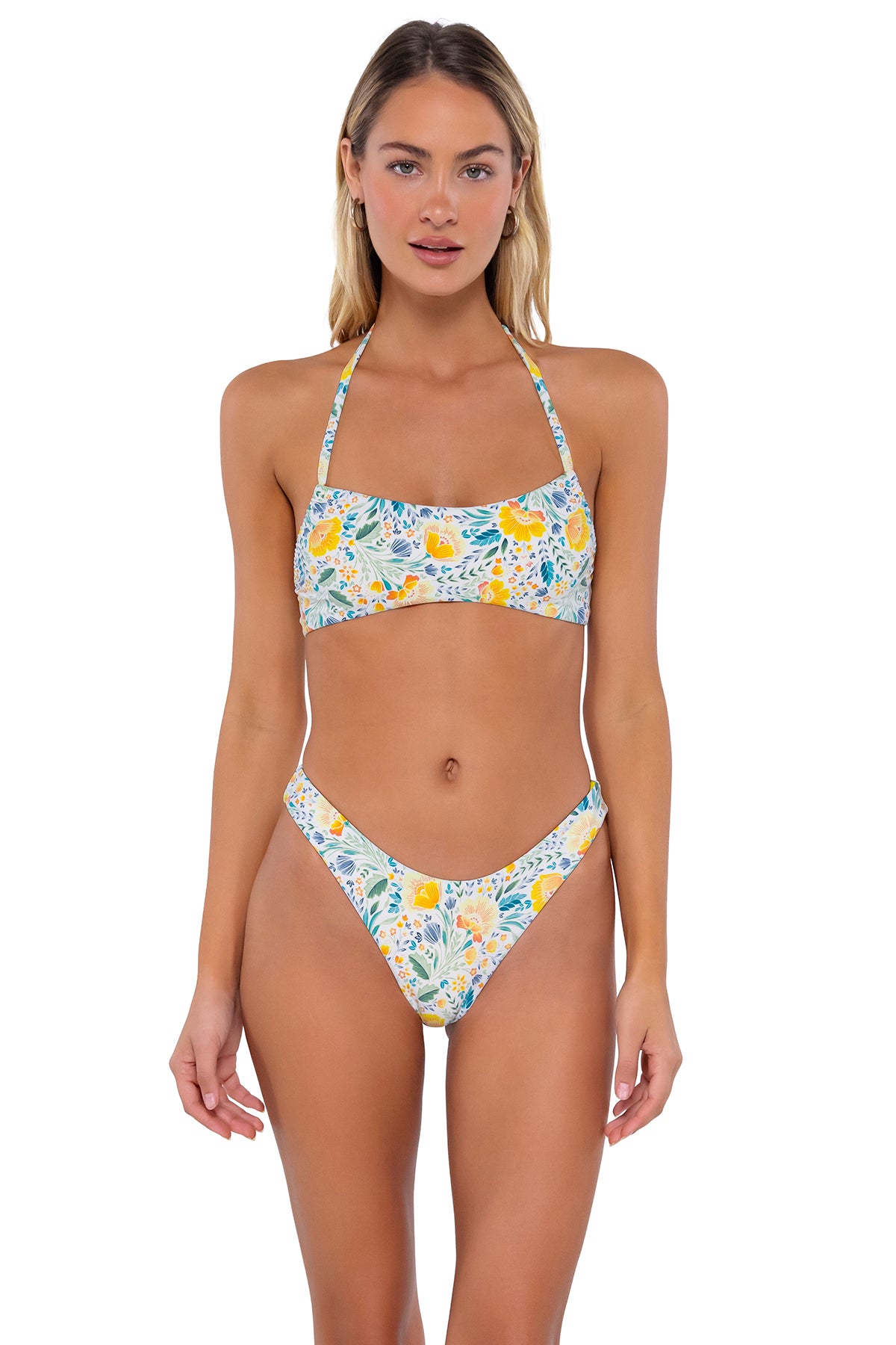 Front pose #1 of Jessica wearing Swim Systems Golden Poppy Camila Scoop Bottom with matching