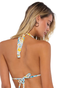 Back pose #1 of Jessica wearing Swim Systems Golden Poppy Mila Triangle Top