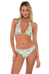 Front pose #1 of Jessica wearing Swim Systems Golden Poppy Mila Triangle Top as a wide-strap halter bikini with matching Chloe bikini bottom