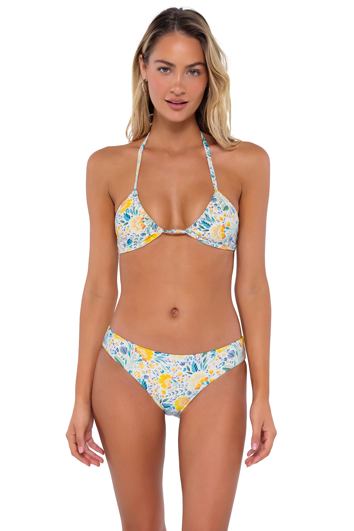 Front pose #1 of Jessica wearing Swim Systems Golden Poppy Mila Triangle Top as an upside-down scoop halter with matching Chloe bikini bottom