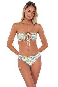 Front pose #1 of Jessica wearing Swim Systems Golden Poppy Mila Triangle Top as a strapless bandeau bikini with matching Chloe bikini bottom