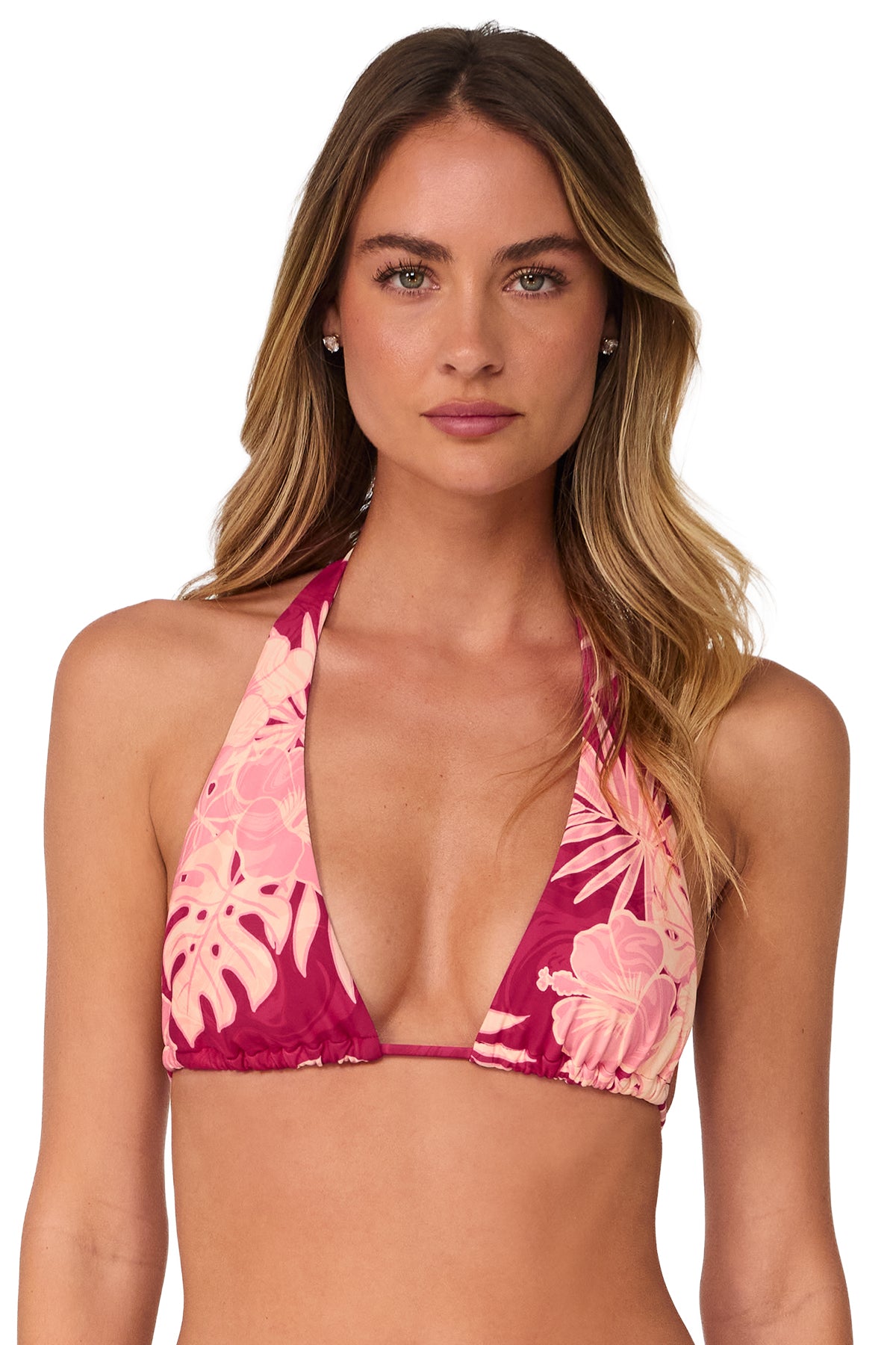Front pose #2 of Jessica wearing Swim Systems Ruby Bay Mila Triangle Top as a wide-strap halter bikini
