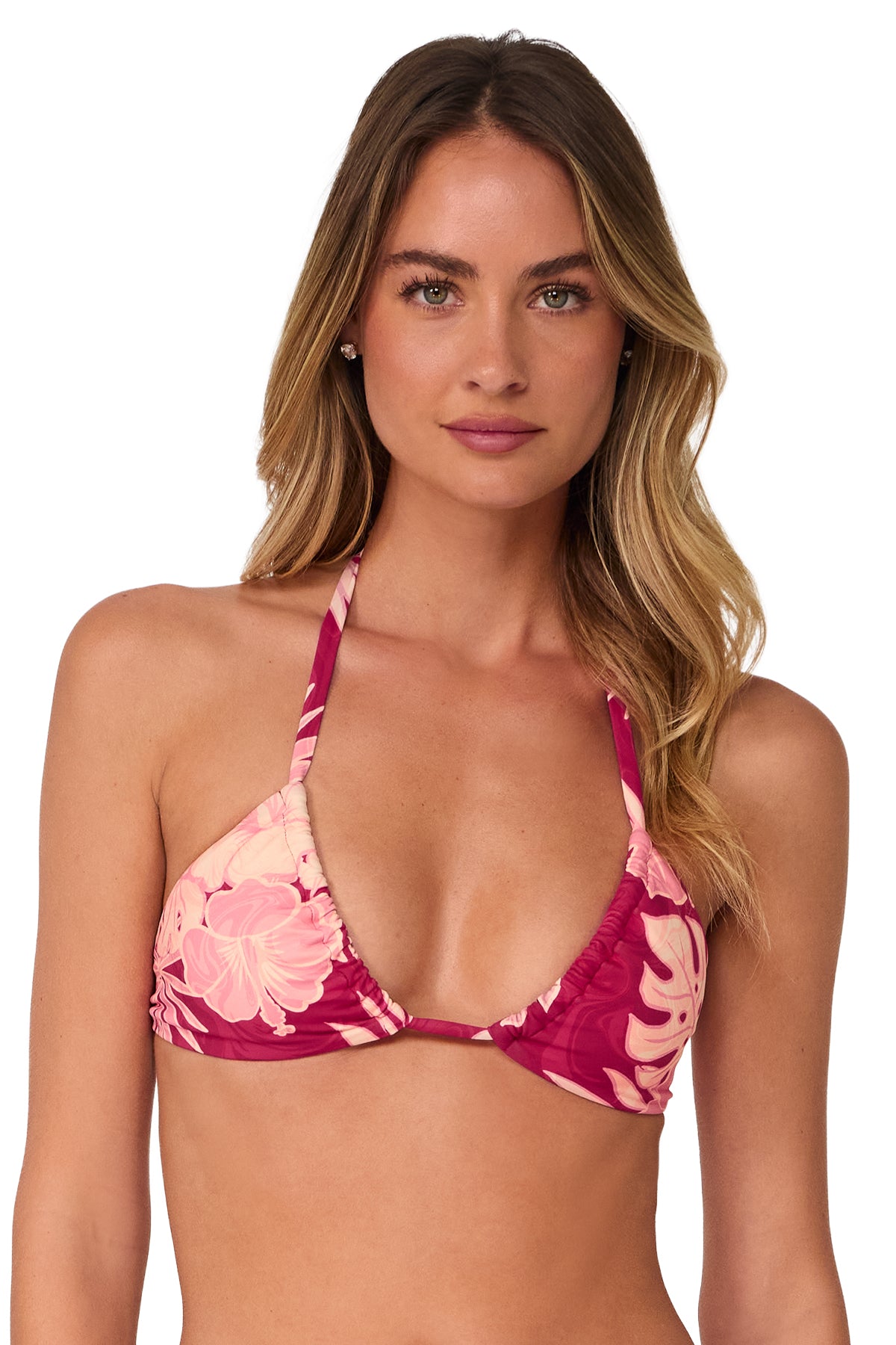 Front pose #1 of Jessica wearing Swim Systems Ruby Bay Mila Triangle Top as a Upside-Down Scoop Halter