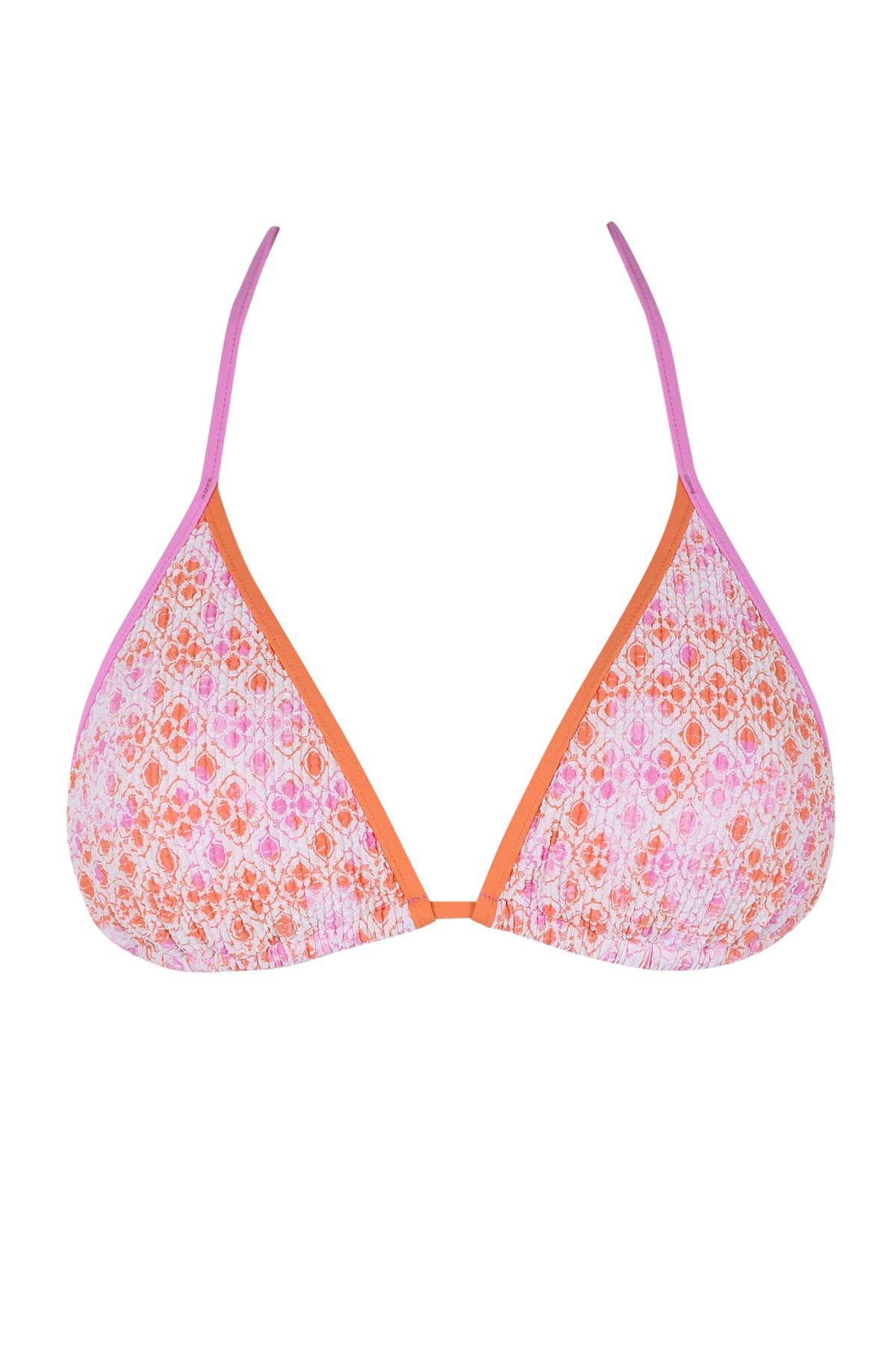 Front pose #1 of a floating garment shot featuring Swim Systems Coral Kiss Scrunch Trisha Triangle Top