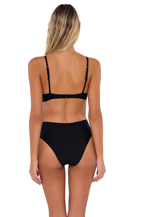 Back pose #1 of Jessica wearing Swim Systems Black Avila Underwire Top with matching Delfina V Front bikini bottom