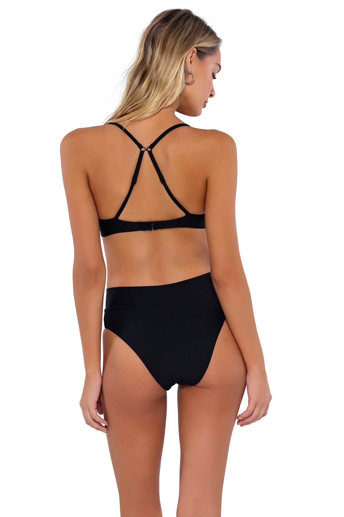 Back pose #1 of Jessica wearing Swim Systems Black Avila Underwire Top showing crossback straps with matching Delfina V Front bikini bottom
