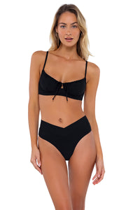 Front pose #1 of Jessica wearing Swim Systems Black Avila Underwire Top with matching Delfina V Front bikini bottom