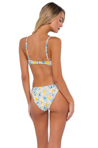 Back pose #1 of Jessica wearing Swim Systems Golden Poppy Avila Underwire Top with matching McKenna Tie Side bikini bottom