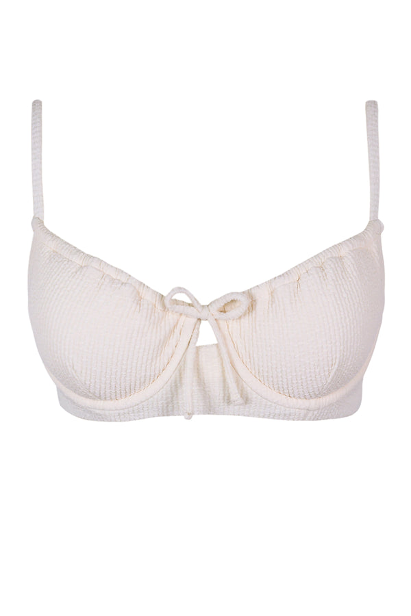 Front pose #1 of a floating garment shot featuring Swim Systems Buttercream Scrunch Avila Underwire Top