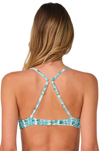 Back pose #1 of Jessica wearing Swim Systems Surf Tile Scrunch Avila Underwire Top showing crossback straps