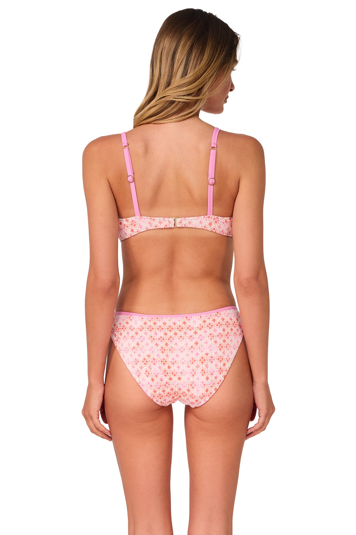 Back pose #1 of Jessica wearing Swim Systems Coral Kiss Scrunch Sylvia Bralette Top