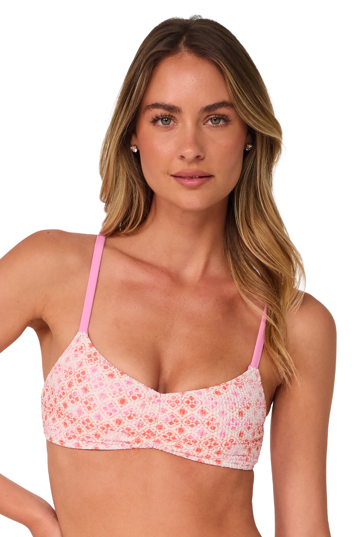 Front pose #1 of Jessica wearing Swim Systems Coral Kiss Scrunch Sylvia Bralette Top