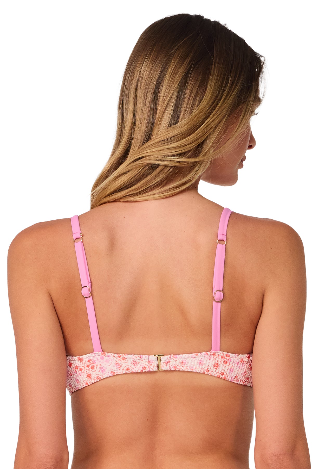 Back pose #1 of Jessica wearing Swim Systems Coral Kiss Scrunch Sylvia Bralette Top