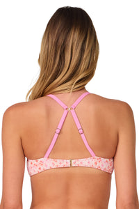 Back pose #1 of Jessica wearing Swim Systems Coral Kiss Scrunch Sylvia Bralette Top showing crossback straps