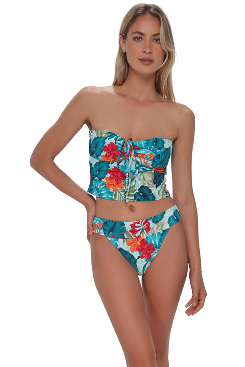 Active pose #1 of Jessica wearing Swim Systems Tiki Tango Rib Dolly Crop Top as a strapless top paired with matching Bikini Bottom