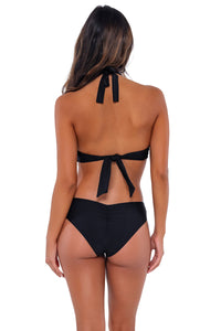 Back pose #1 of Chonzie wearing Swim Systems Black Hazel Hipster Bottom with matching Kendall bikini top