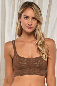 Front pose #2 of Jessica wearing Swim Systems Cocoa Daisy Eyelet Kaia Top