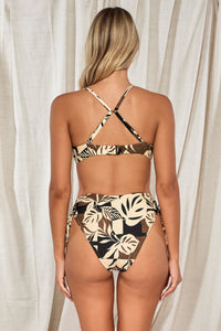 Back pose #1 of Jessica wearing Swim Systems Bay Club Annalee Underwire Top showing crossback straps paired with matching Malia High Waist Bottom