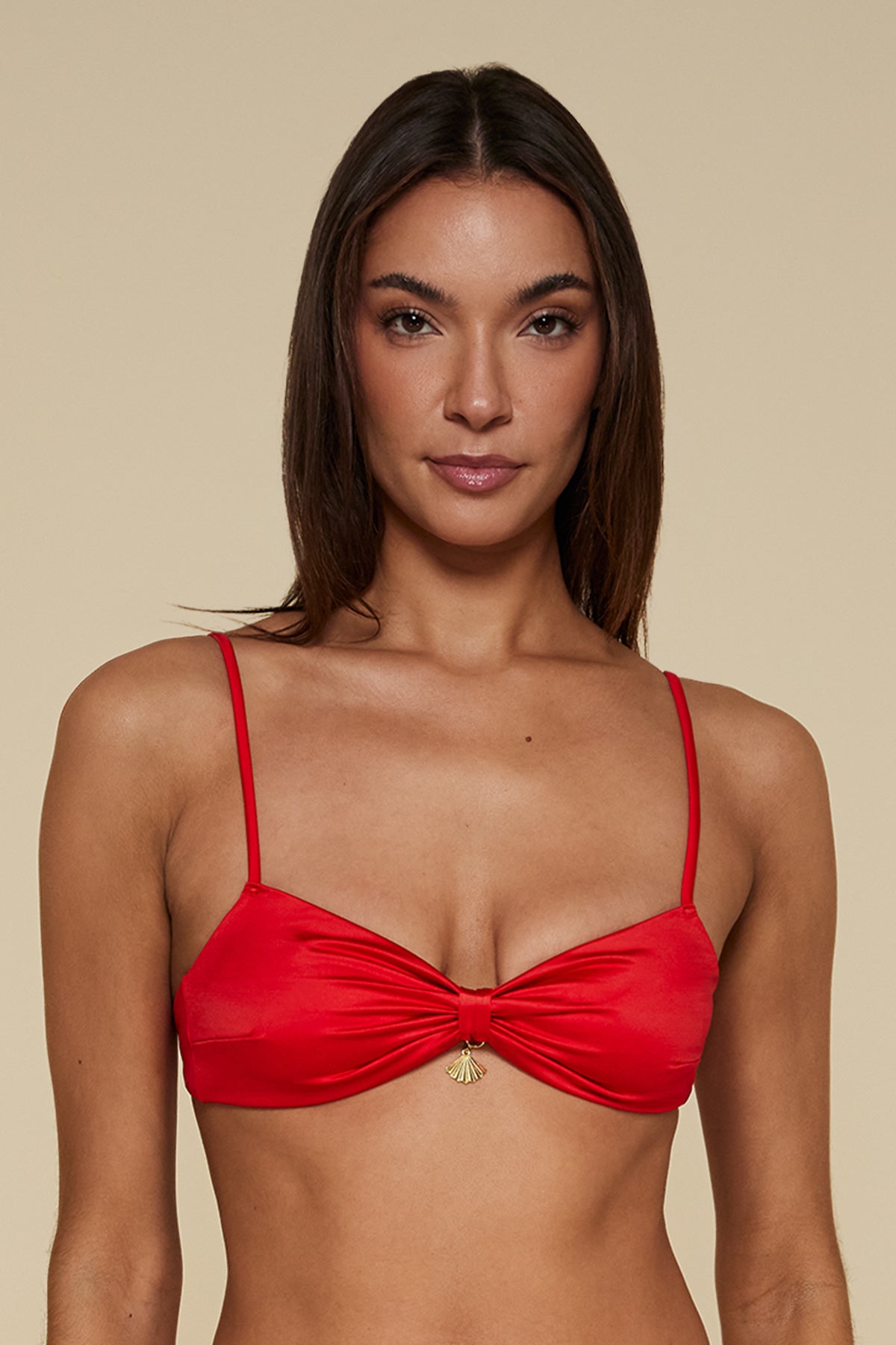 Front pose #1 of Jaida wearing B Swim Setting Sun Red Bayside Bandeau Top