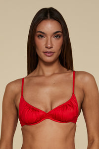 Front pose #1 of Jaida wearing B Swim Setting Sun Red Meridian Underwire Top