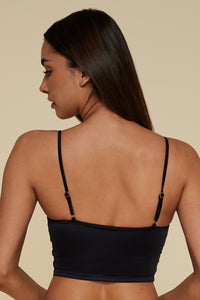 Back pose #1 of Jaida wearing B Swim Black Depth Harbor Crop Top