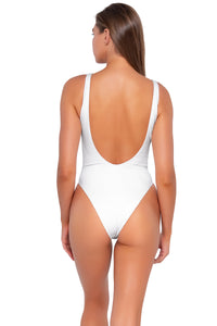 Back Back pose #1 of Daria wearing B Swim x Nicki Andrea Tie The Knot Pique Lurex Marry Me One Piece