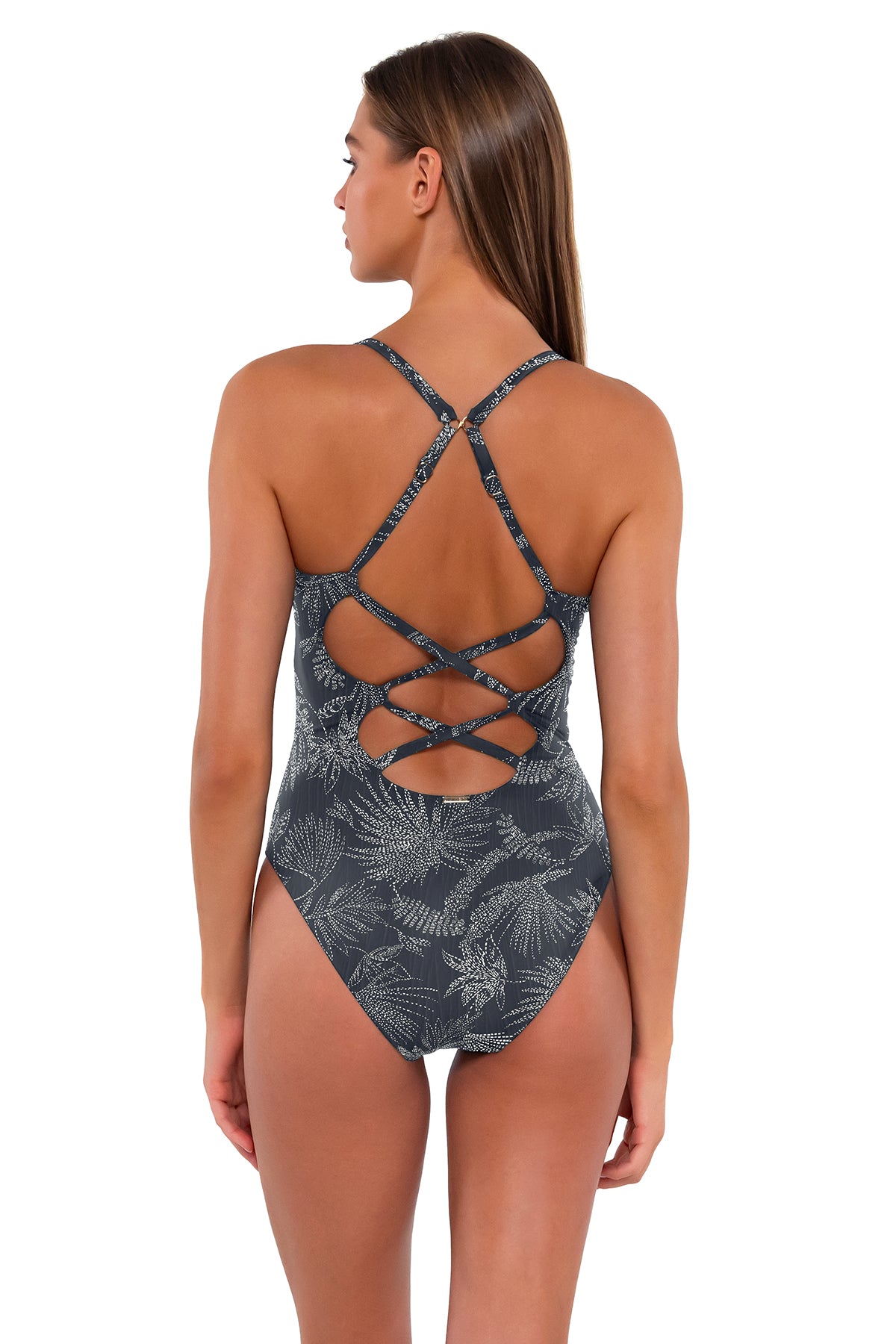 Back pose #1 of Daria wearing Sunsets Fanfare Seagrass Texture Veronica One Piece showing crossback straps