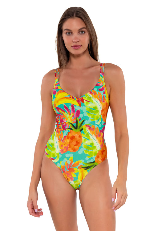 Front pose #1 of Daria wearing Sunsets Lush Luau Veronica One Piece