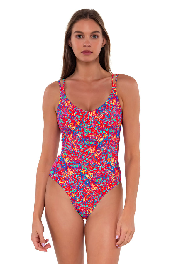 Front pose #1 of Daria wearing Sunsets Rue Paisley Veronica One Piece