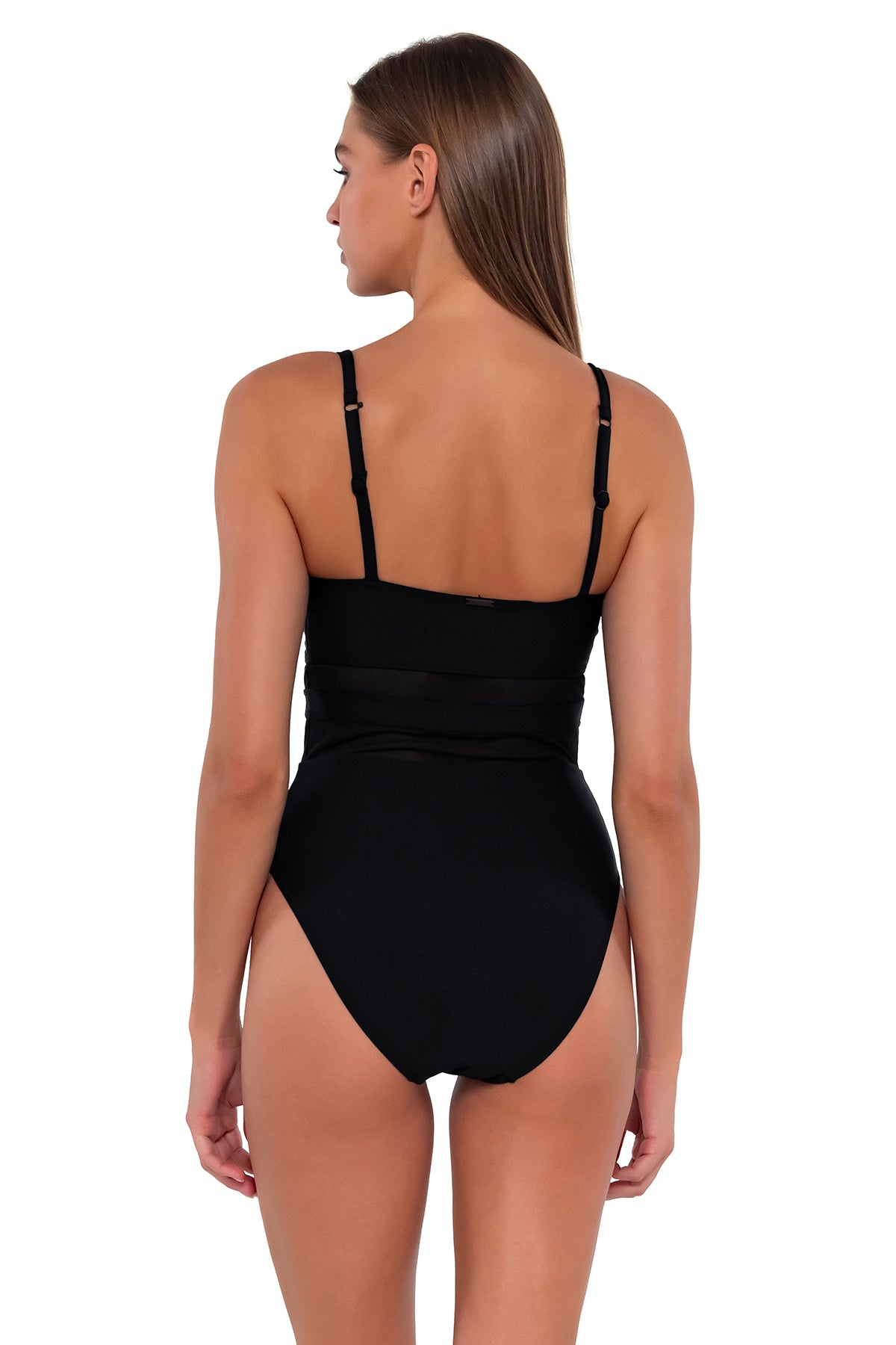 Back pose #1 of Daria wearing Sunsets Black Alexia One Piece