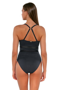 Back pose #1 of Daria wearing Sunsets Slate Seagrass Texture Alexia One Piece showing crossback straps