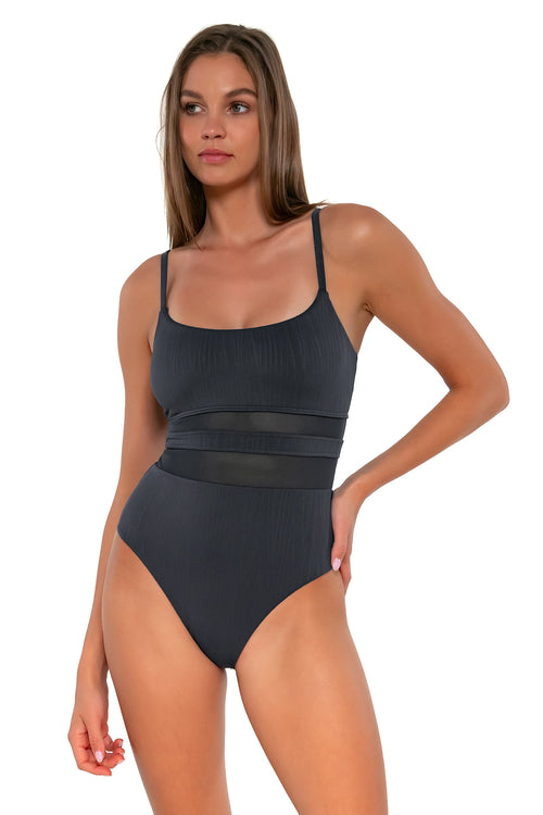 Front pose #1 of Daria wearing Sunsets Slate Seagrass Texture Alexia One Piece