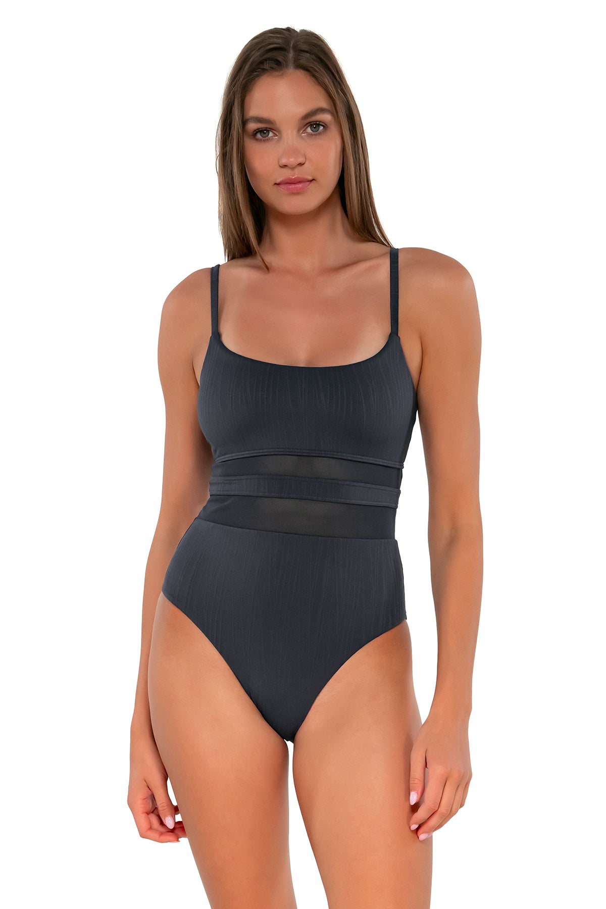 Front pose #2 of Daria wearing Sunsets Slate Seagrass Texture Alexia One Piece
