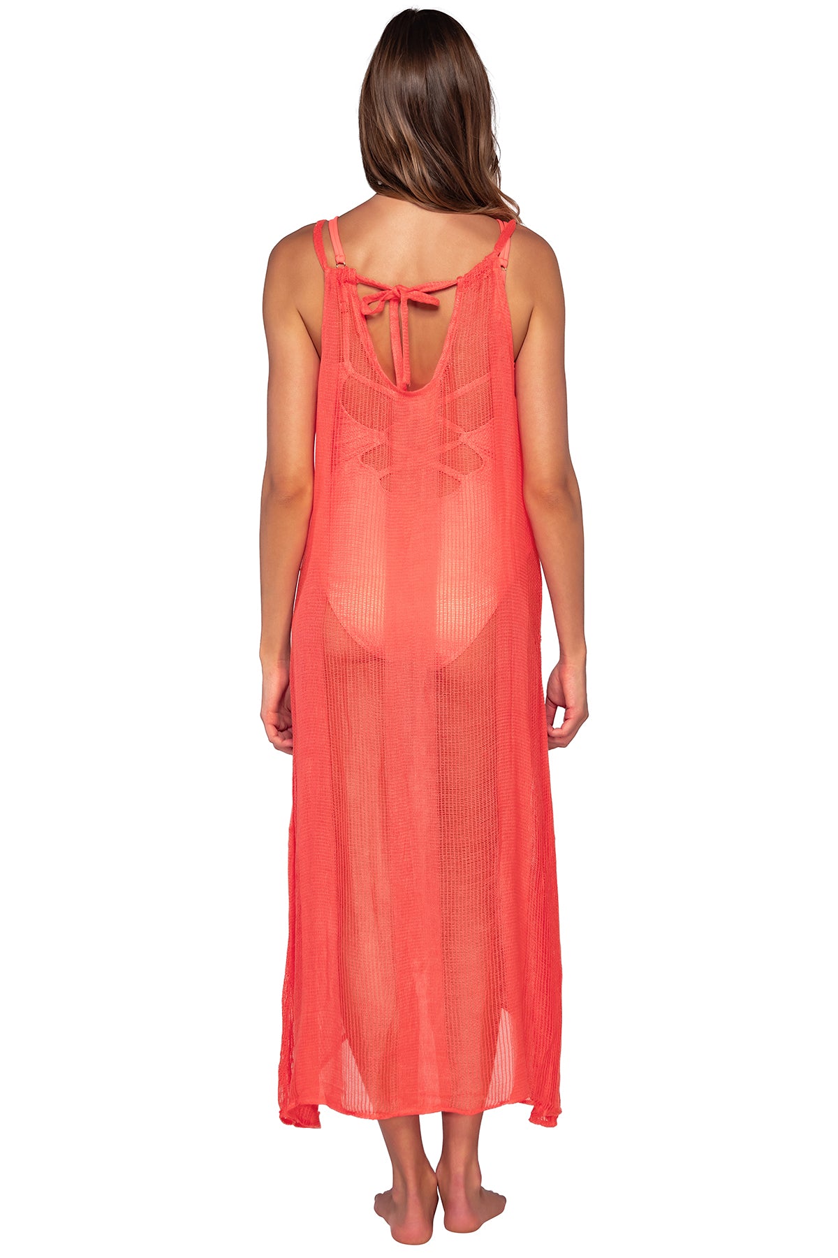Back view of Sunsets Neon Coral Destination Dress