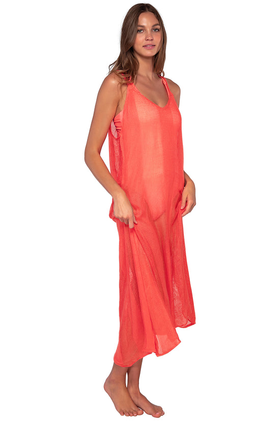 Side view of Sunsets Neon Coral Destination Dress