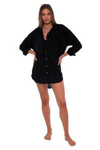 Front pose #2 of Daria wearing Sunsets Black Delilah Shirt