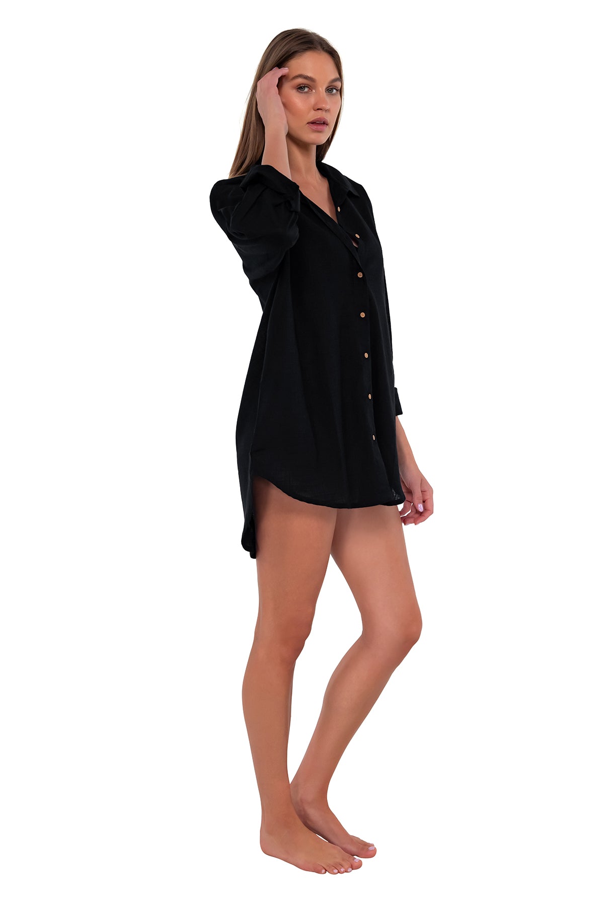 Side pose #1 of Daria wearing Sunsets Black Delilah Shirt