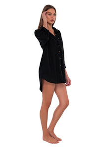 Side pose #1 of Daria wearing Sunsets Black Delilah Shirt