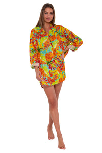 Front pose #1 of Daria wearing Sunsets Lush Luau Delilah Shirt