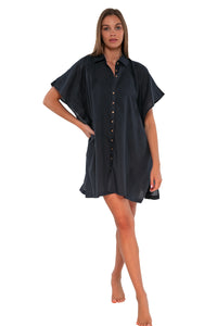 Front pose #2 of Daria wearing Sunsets Slate Shore Thing Tunic