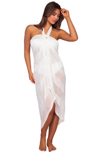 Front view of Sunsets Paloma Paradise Pareo worn as a halter cover-up