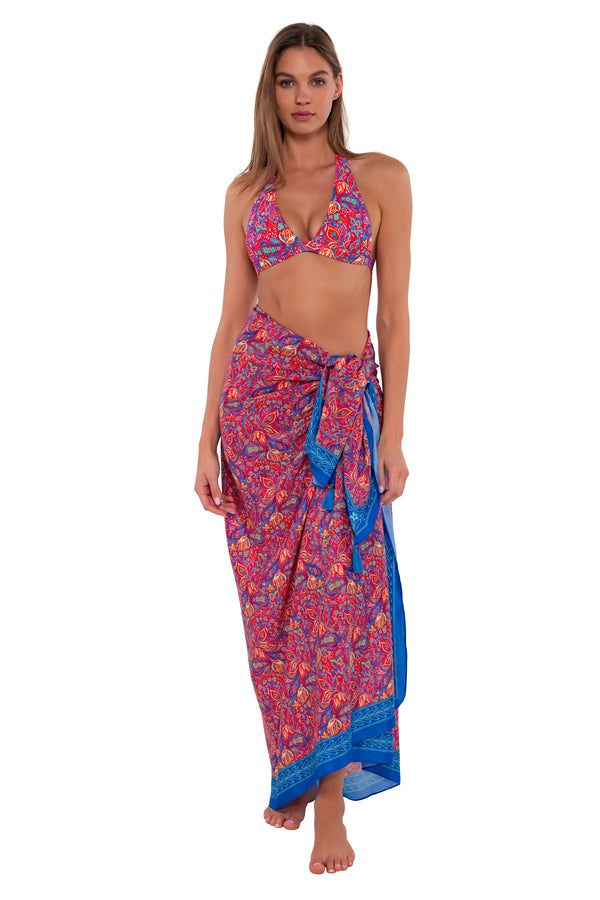 Front pose #1 of Daria wearing Sunsets Rue Paisley Paradise Pareo
