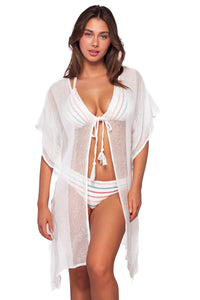 Front view of Swim Systems Holland Kali Triangle Top with matching cover-up worn as an open shirt