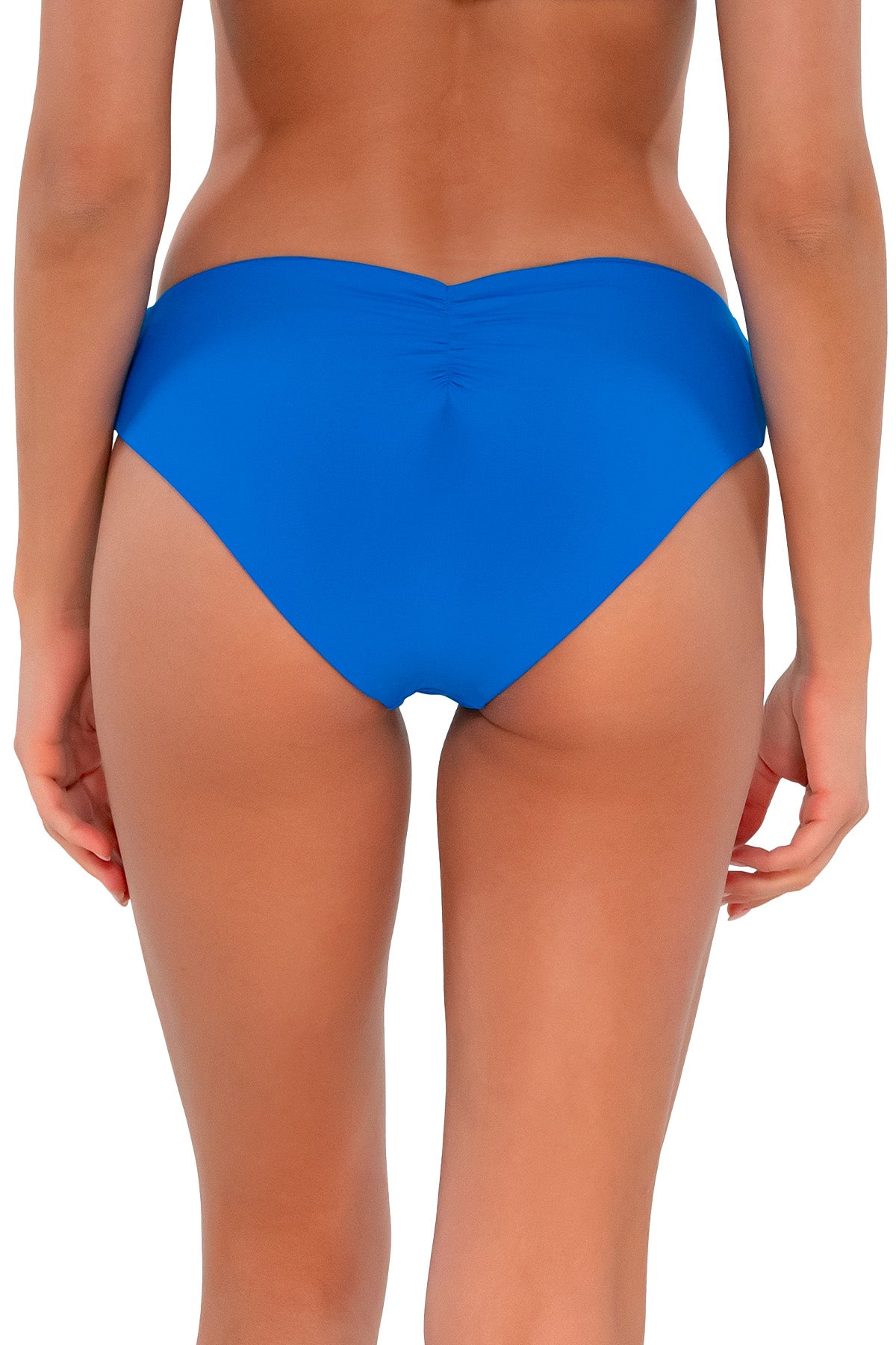 Back pose #3 of Daria wearing Sunsets Electric Blue Alana Reversible Hipster Bottom