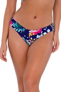 Front pose #2 of Taylor wearing Sunsets Island Getaway Alana Reversible Hipster Bottom